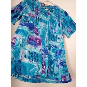 Cottonality Blue‎ Purple Bamboo Chinese Character Scrub Top Snap Buttons Pockets